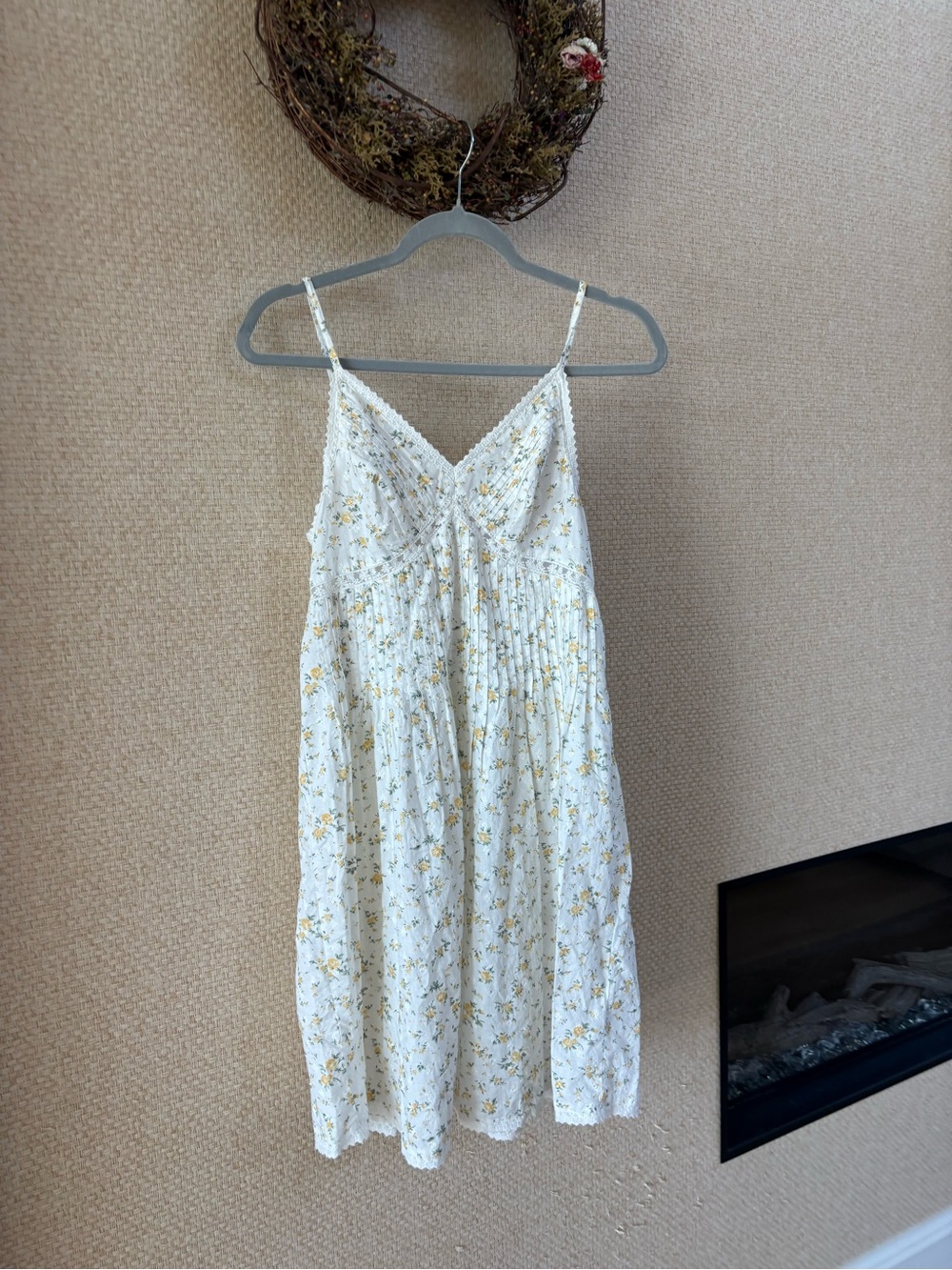 White Floral cotton Mini Dress with Yellow Print